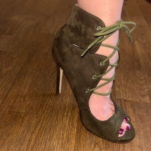 Olivia Ferguson olive green suede lace up stiletto heels